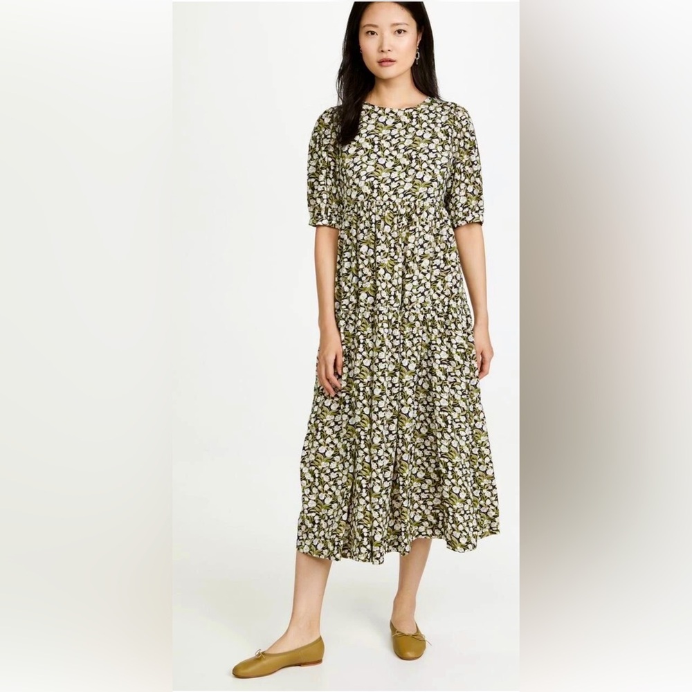 En Saison 1/2 Puff Sleeve Tiered Floral Midi Dress w Back Neck Cutout & Bow ZB6